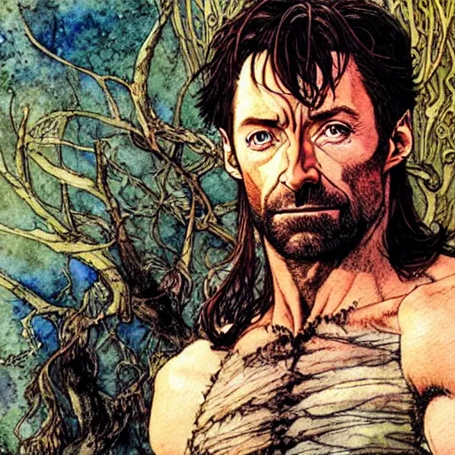 Image similar to a realistic and atmospheric watercolour fantasy character concept art portrait of hugh jackman as a druidic warrior wizard looking at the camera with an intelligent gaze by rebecca guay, michael kaluta, charles vess and jean moebius giraud