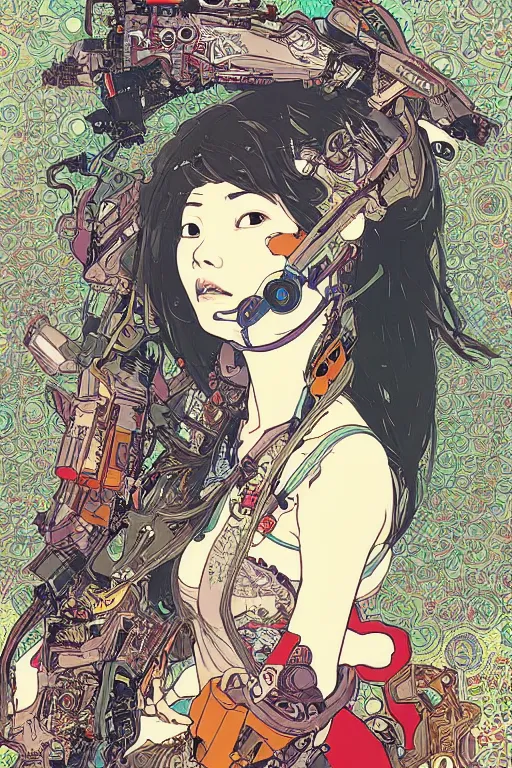 Image similar to beautiful cyborg portrait girl female illustration detailed patterns art of thai traditional dress, pop art, splash painting, art by geof darrow, ashley wood, alphonse mucha, makoto shinkai