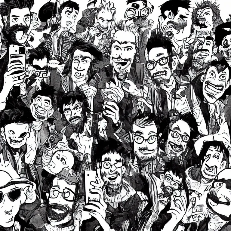 Prompt: a detailed illustration of a small group of men posing for a selfie by jamie hewlett and timothy kong, trending on artstation