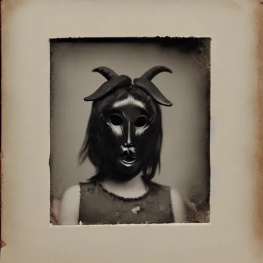 Prompt: tintype of a girl with black goat mask, hyperrealistic, 8 k