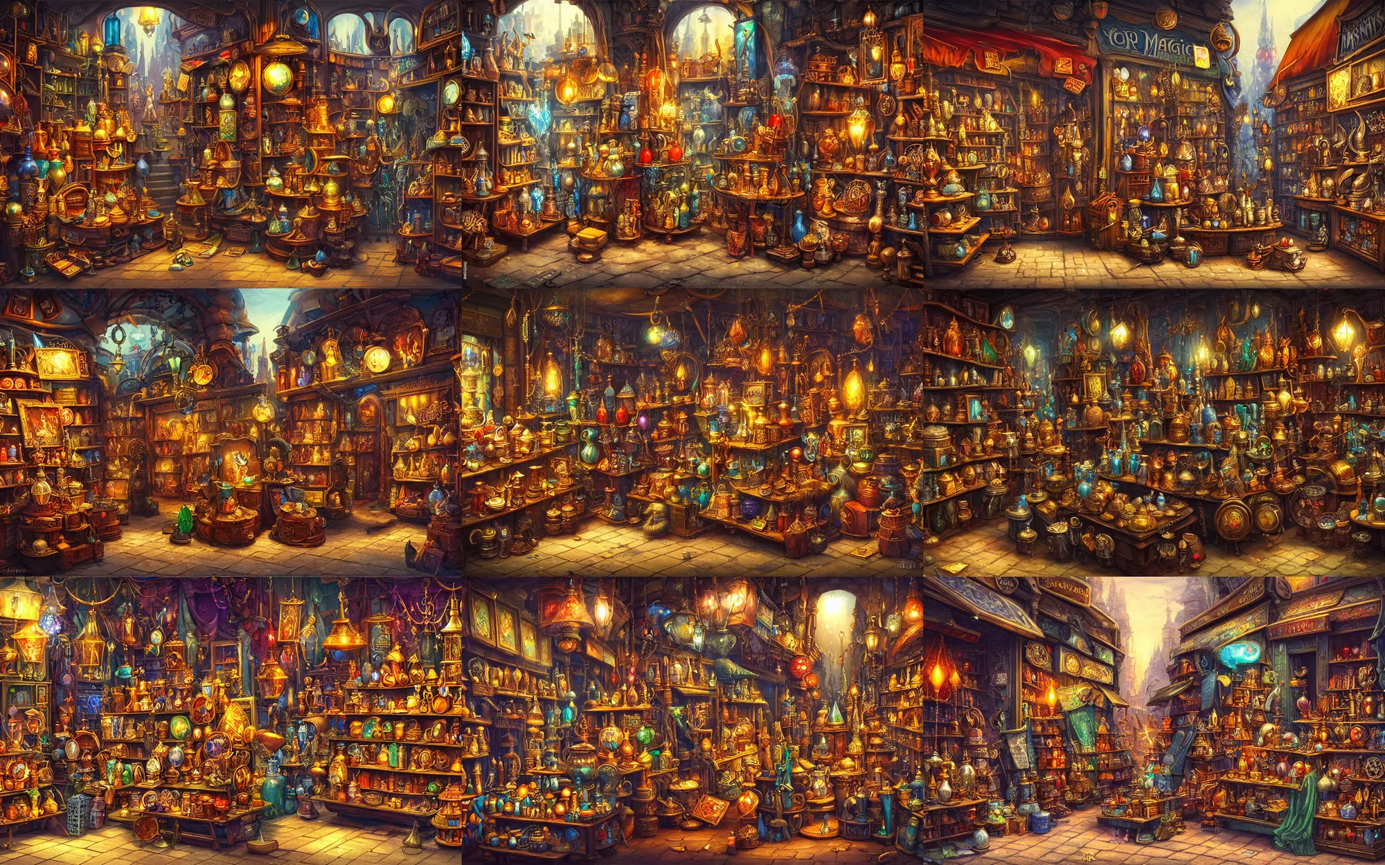 Prompt: a magic items an curios shop in the streets of a busy fantasy city, high detail, dicital painting