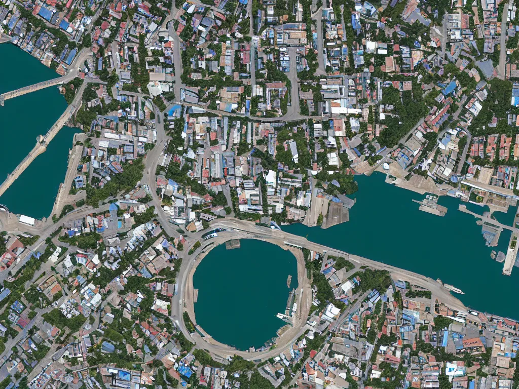 Image similar to satellite imagery of a small city with shops, shipping dock, and beach to the south. a bridge crosses a big lake, with a town hall, marketplace, and towers to the north. there is a field in the middle of the city. small hills and woods north of the city