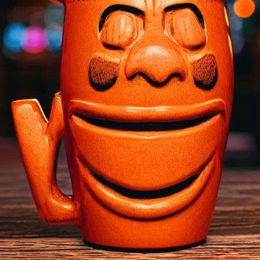 Image similar to a closeup photorealistic photograph of an orange cat garfield style tiki mug at a trader vic's bar with garfield's face on the front. tiki party. bright scene. fine detail. this 4 k hd image is trending on artstation, featured on behance, well - rendered, extra crisp, features intricate detail, epic composition and the style of unreal engine.