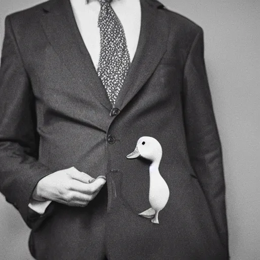 Image similar to a high detail photo of a man with a duck's head wearing a suit, antropomorphic, photorealism