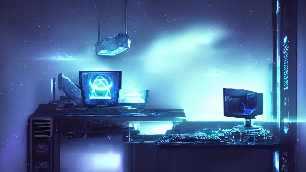 Prompt: a galactic overpowered computer. Overclocking, watercooling, custom computer, cyber, mat black metal, alienware, galactic design, desktop computer, desk, home office, whole room, minimalist, Beautiful dramatic dark moody tones and lighting, space color neon, Ultra realistic details, cinematic atmosphere, studio lighting, shadows, dark background, dimmed lights, industrial architecture, Octane render, realistic 3D, photorealistic rendering, 8K, 4K, Cyborg R.A.T 7, Republic of Gamer, computer setup, highly detailed