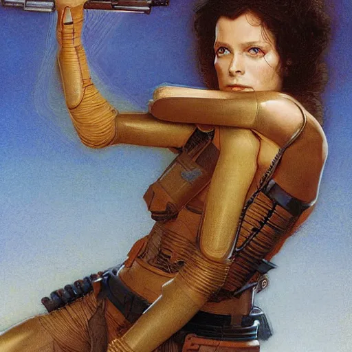 Prompt: masterpiece full body portrait Ripley on Dune, by Edgar Maxence and Ross Tran and Michael Whelan and Gustav Klimpt