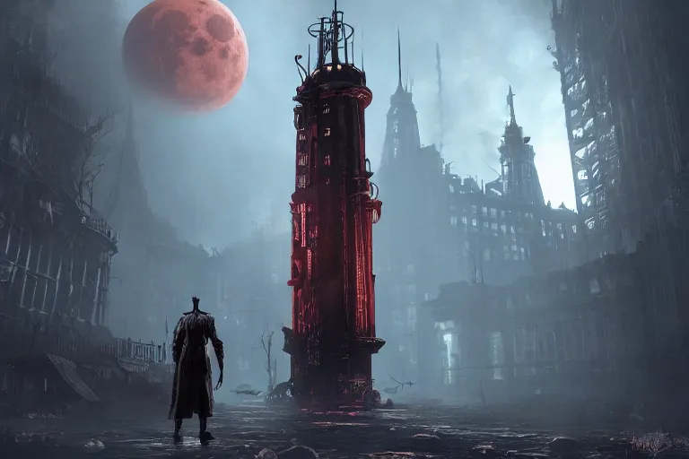 Image similar to an ultra matte painting of a big daddy from bioshock in the style of bloodborne, bioshock, concept art by alphonse mucha and greg rutkowski, scary shadows, blood moon eclipse, octane render, liminal space