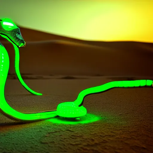 Image similar to a robot snake with glowing green light in the desert, octane render, 3D, accurate