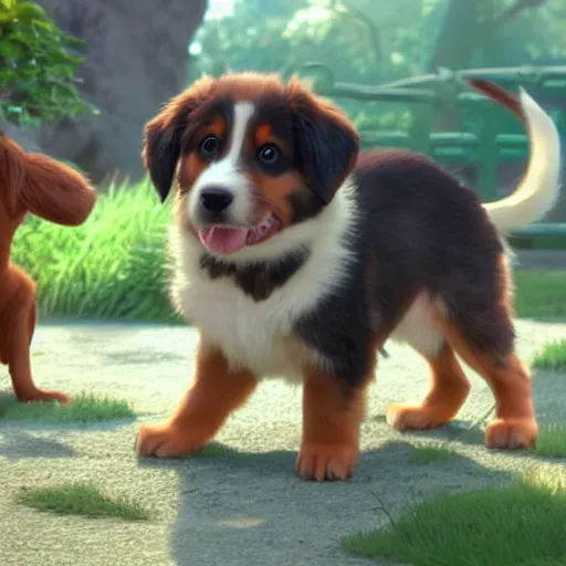 Prompt: a wholesome animation key shot of a copper australian shepherd puppy, studio ghibli, pixar and disney animation, sharp, rendered in unreal engine 5, anime key art by greg rutkowski, bloom, dramatic lighting