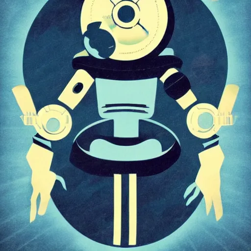 Image similar to retrofuturism poster of an anthropomorphic retro futuristic steampunk robot maid