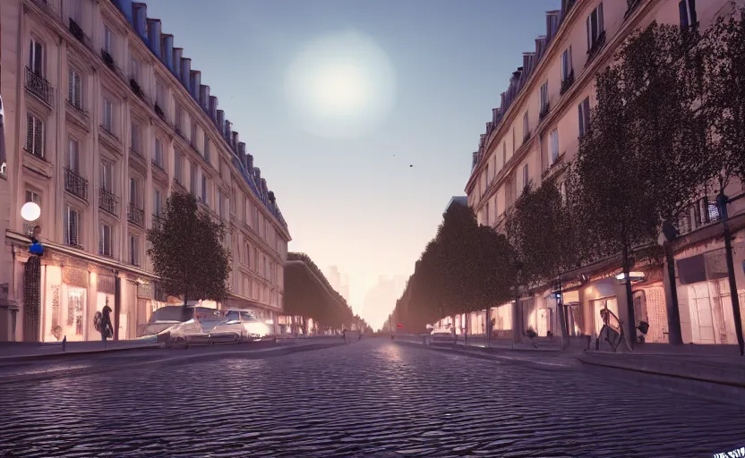 Image similar to photorealistic paris city streets. night. lens flare. light fixtures. 8K. detailed. photorealism. artstation. matte painting. 25mm f/1.7 ASPH Lens. ultra realistic