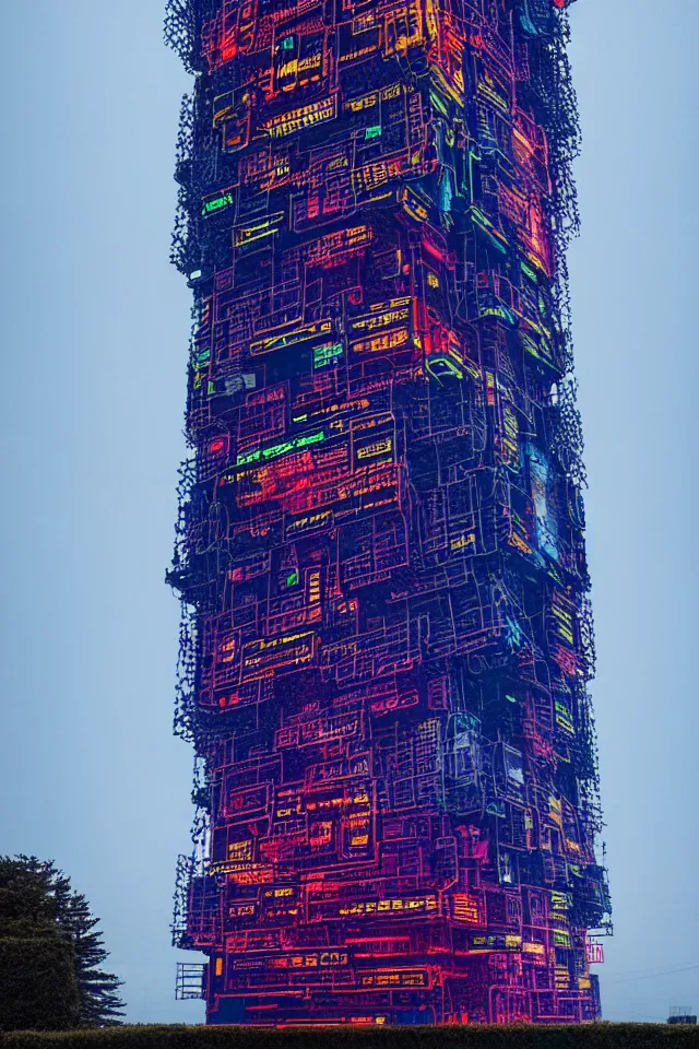 Image similar to cyberpunk tower made out of billions of stacked computer screens by simon stalenhag and dan mumford