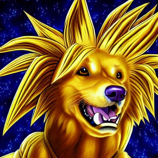 Prompt: ultra realistic portrait painting of a golden retriever as super saiyan goku, art by akira toriyama, 4 k, dragon ball artstyle, cel shaded, highly detailed, epic lighting