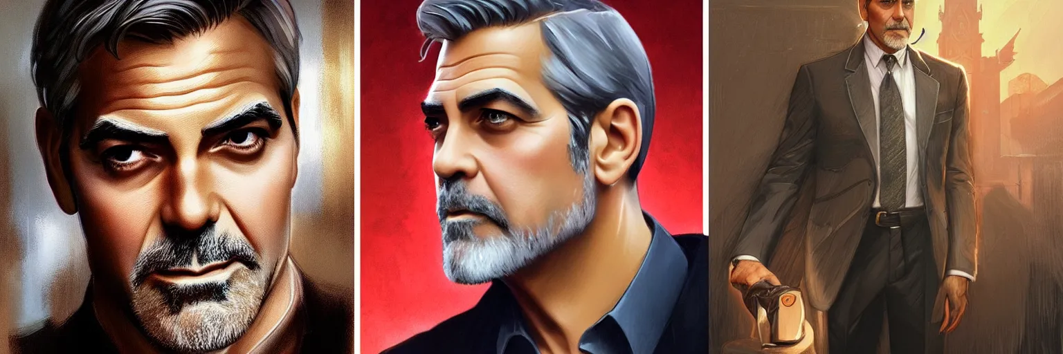 Prompt: portrait of George Clooney as a detective, highly detailed, digital painting, artstation, concept art, sharp focus, illustration, art by artgerm and greg rutkowski and alphonse mucha