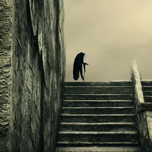 Prompt: a lone knight climbing a staircase to the final enemy, cinematic, 8 k resolution, tense, dark, cloudy, intense, complex, high detail