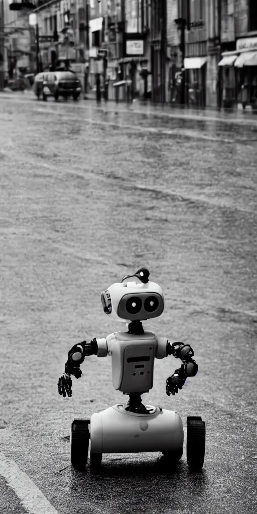 Prompt: robot on the road, city, photo, rain,