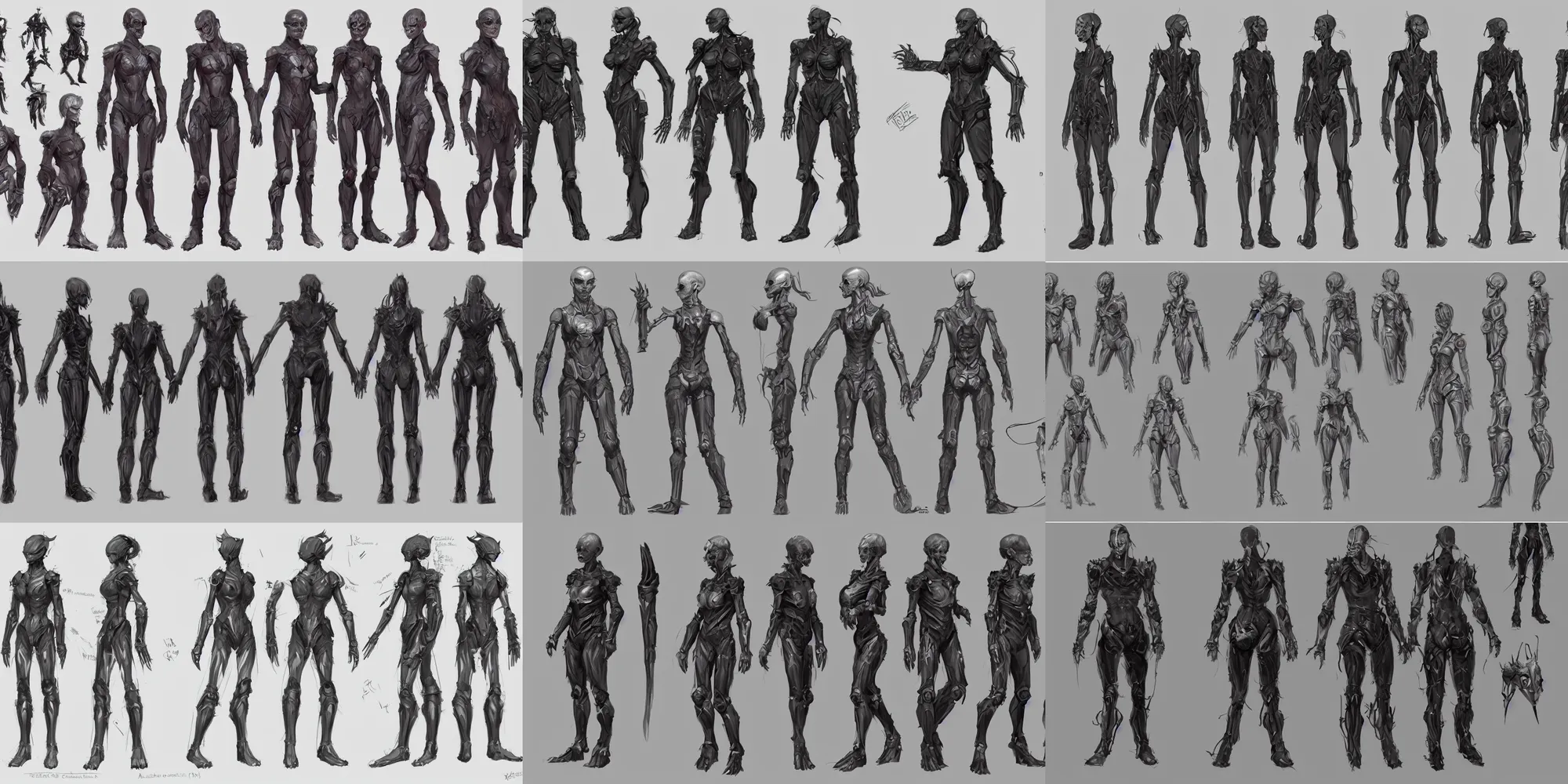 Image similar to character concept art : : character design sheet : : character model sheet : : augmented limbs, exoskeleton, artstation