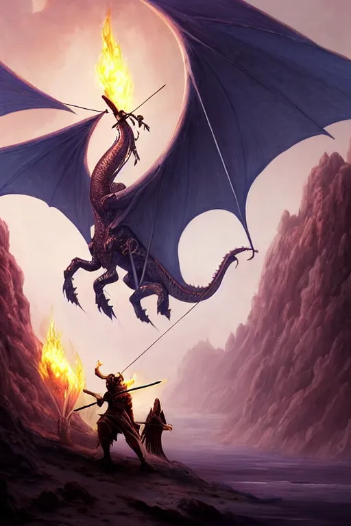 Image similar to Epic ancient fantasy action keyframe of a hooded Sumerian warrior with a huge crossbow atop a vast tower battling against a flying fire dragon. Zoomed out vast vista, HD, Pixar movie quality. Trending on DeviantArt, highly detailed, 2d game poster by Jesper Ejsing, by RHADS, Makoto Shinkaih and Lois van baarle, ilya kuvshinov, rossdraws, cinematic , hyper-realistic, depth of field, coherent, high definition, 8k resolution octane renderer,