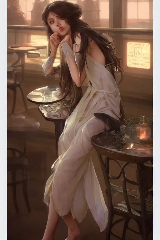 Prompt: an attractive serene cute android in a cafe, partially human , partially biomedical design , natural atmosphere, great high details, highly reaslitic, cinematic lighting, intricate, elegant, super highly detailed, art station, concept arD, beautiful, delicate, art by artgerm and greg rutkowski and alphonse mucha and loish and WLOP