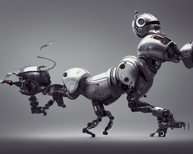 Prompt: dachshund robot, droid, robocop, terminator, machine, octane render, from a video game, concept art by ruan jia