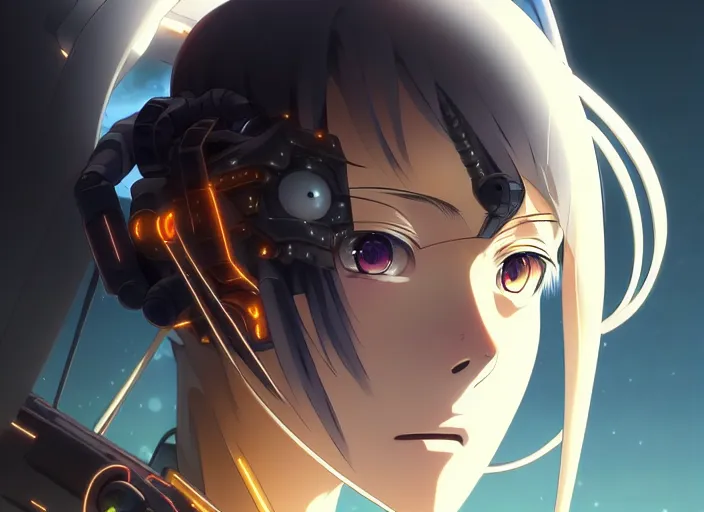 Prompt: a anime portrait of a cyborg woman, finely detailed features, closeup at the face, sharp focus, perfect art, night time city background, cinematic lighting, highly detailed, intricate, smooth, anime!! artstation, trending on pixiv fanbox, painted by greg rutkowski, studio ghibli, yoji shinkawa, hayao miyazaki,