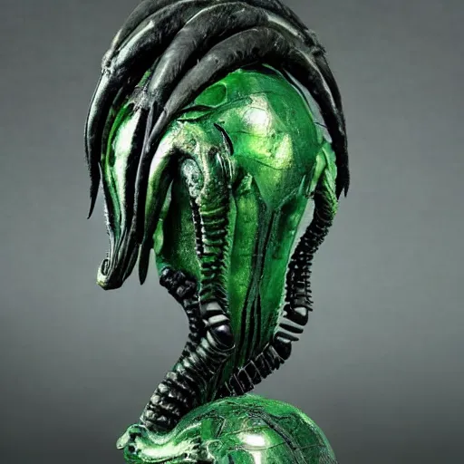 Prompt: xenomorph queen human hybrid dragon eggs, dark emerald mist colors, giger color liminal backfill, realistic, award winning photograph