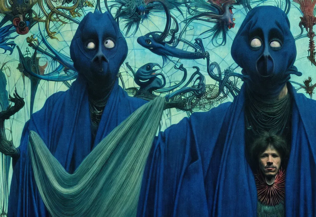 Image similar to realistic detailed portrait movie still of a birdman wearing dark robes, sci fi city landscape background by denis villeneuve, amano, yves tanguy, alphonse mucha, ernst haeckel, max ernst, roger dean, masterpiece, rich moody colours, cinematic, blue eyes, snarling dog teeth