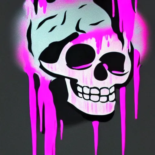 Prompt: a cartoon skull spray painted on a black background with dripping pink spray paint, pixel art, three fourths view, black background!!!!!