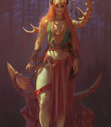 Image similar to Attractive Tiefling Druid,full body,with horns,grinning, portrait, highly detailed, digital painting, artstation, concept art, sharp focus, illustration, art by artgerm and greg rutkowski and alphonse mucha