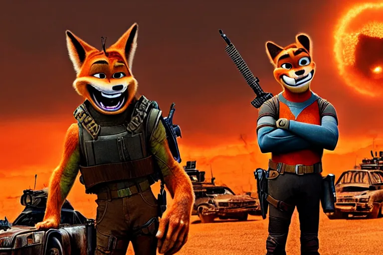 Image similar to nick wilde, heavily armed and armored facing down armageddon in a dark and gritty reboot from the makers of mad max : fury road : witness me