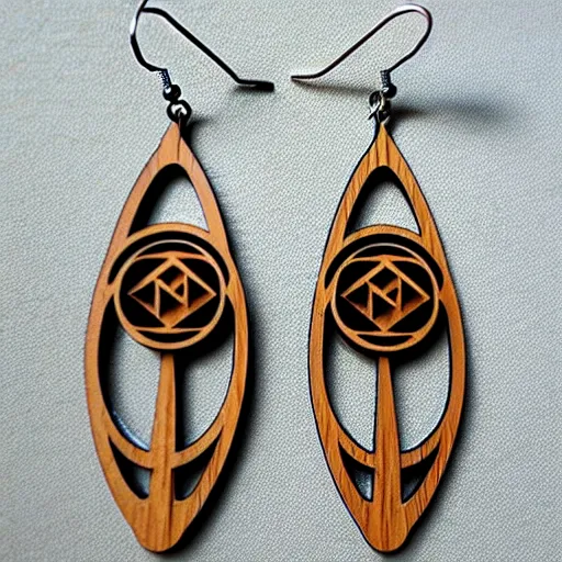 Image similar to 2 d wood lasercut earrings, mystical symbols, 8 k, hd, trending on amazon on artstation, trending on deviantart, trending on etsy, epic digital art