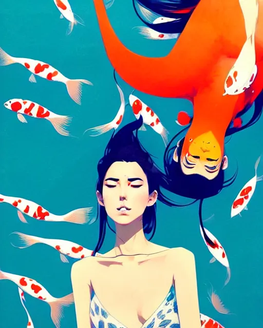 Image similar to a ultradetailed beautiful panting of a stylish woman surrounded by floating koi fish, by conrad roset, greg rutkowski and makoto shinkai, trending on artstation