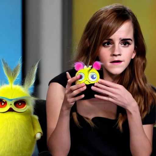 Prompt: Emma Watson eating Furby with ketchup
