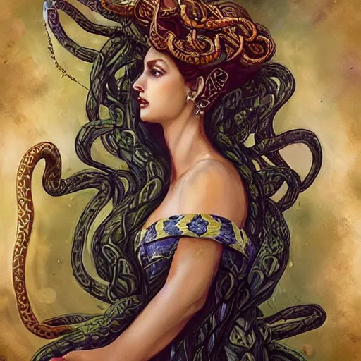 Image similar to realistic mythological greek medusa with snakes on the head full body, dressed in a queen's dress, by anna dittmann