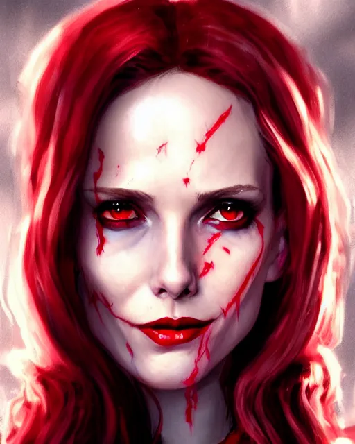 Prompt: Scarlet witch marvel, Sarah Michelle Gellar, evil smile, spells magic, realistic character concept, medium shot, fun pose, comic book, illustration, slender symmetrical face and body, cinematic lighting, high resolution, Charlie Bowater, Norman Rockwell, symmetrical eyes, single face, insanely detailed and intricate, beautiful