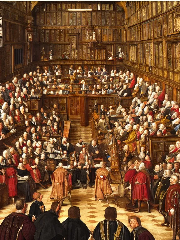 Image similar to “ a debate in house of lords by andrew carrick gow, 1 6 th century, medieval, tudor, oil on canvas, highly detailed, artstation hd ”