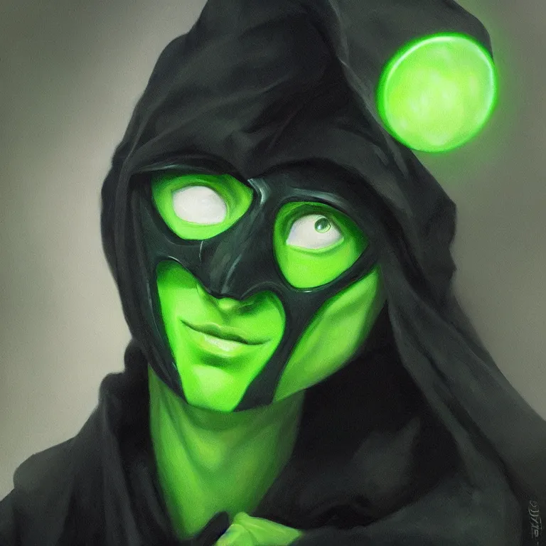 Prompt: A beautiful painting of Rubick wearing a black mask with green eyes, by Albert Urmanov, great detail, realistic, atmosphere, trending on artstation