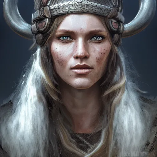 Image similar to portrait of a viking, woman, epic fantasy, detailed, intricate, digital painting, concept art, realistic, smooth, focus, rim light