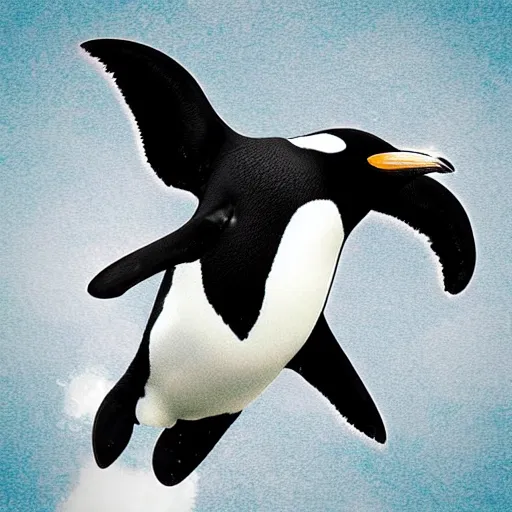 Image similar to “Penguin flying on a rocket, digital art, award winning, very highly detailed”