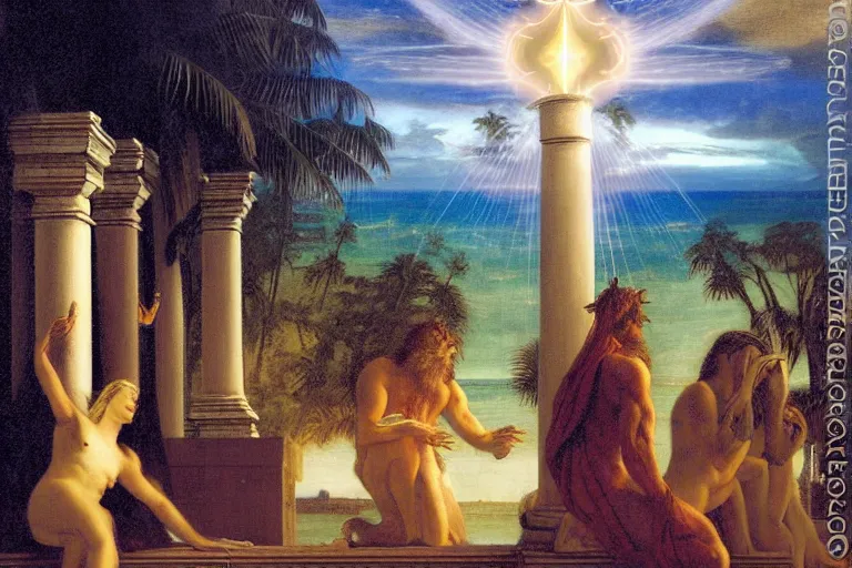 Image similar to Occult spirit on front of balustrade and palace columns, refracted lightnings on the ocean, thunderstorm, tarot cards characters, beach and Tropical vegetation on the background major arcana sky and occult symbols, by paul delaroche, hyperrealistic 4k uhd, award-winning, very detailed paradise