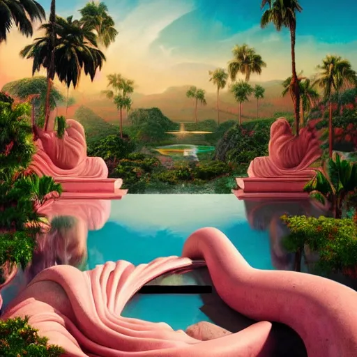 Prompt: masterpiece, hyperrealistic surrealism, award winning masterpiece with incredible details, epic stunning, infinity pool, a surreal vaporwave liminal space, highly detailed, trending on ArtStation, broken giant marble head statue ruins, calming, meditative, pink arches, flowing silk sheets, dreamscape, palm trees, very vaporwave, very very surreal, sharp details, artgerm and greg rutkowski and alphonse mucha, daily deviation, IAMAG