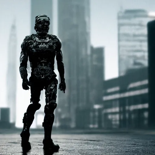 Image similar to dark picture of a t 8 0 0 walking on a desolate city, 8 k, uhd, sharp focus, 2 0 0 mm