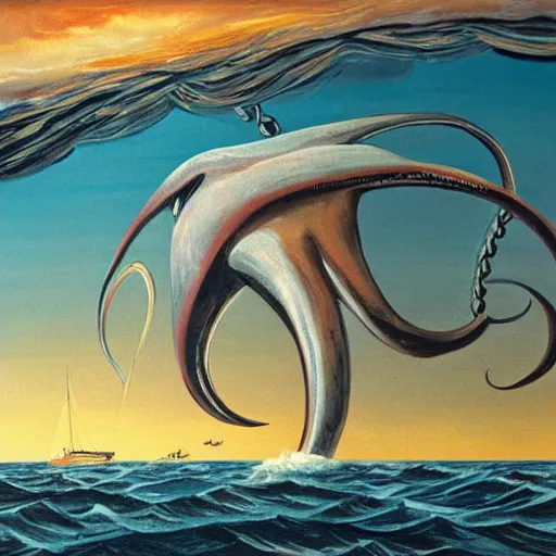 Image similar to A giant squid destroying a cruise ship in the middle of the ocean, oil painting