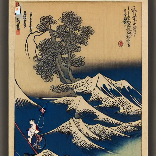 Prompt: a guy riding a bicicle with a balloon in his hand, by Hokusai