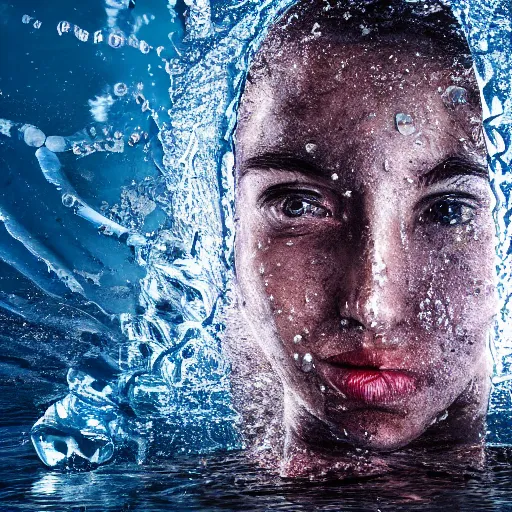 Image similar to water artwork manipulation in the shape of a human head, on the ocean water, ray tracing, realistic water sharp focus, long shot, 8 k resolution, cinematic, water art photoshop