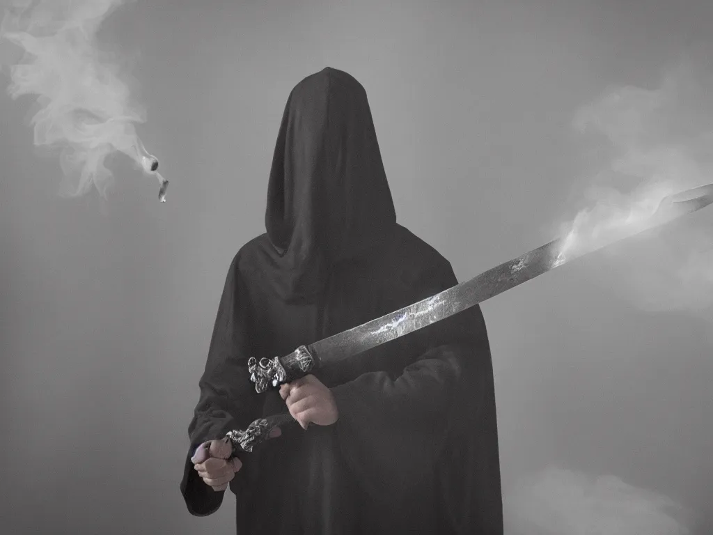 Prompt: a cloaked man holding a sword, shadows, smoke, mist