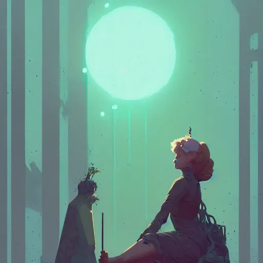 Image similar to portrait of solarpunk green witch by atey ghailan, by greg rutkowski, by simon stalenhag, by greg tocchini, by james gilleard, by joe fenton, by kaethe butcher dynamic lighting, gradient light blue, brown, blonde cream and white color scheme, grunge aesthetic