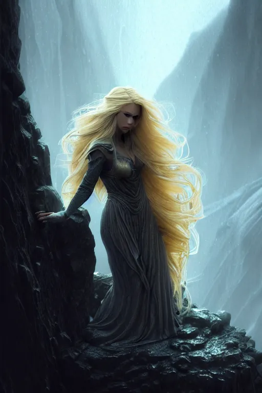 Image similar to A beautiful Norse Goddess with long flowing blonde hair on a ledge od deep abyss fantasy, intricate, elegant, highly detailed, D&D, digital painting, artstation, concept art, matte painting, sharp focus, illustration, extremely moody lighting, glowing light and shadow, atmospheric, shadowy, cinematic, in the style of Greg Rutkowski and artemisia gentileschi and Alphonse Mucha