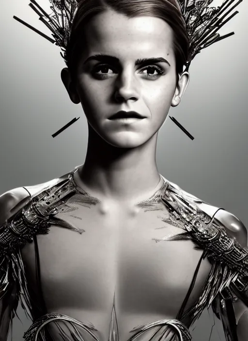 Image similar to expressive full body photo of emma watson, headpiece made from water, dress made of steel blades, glamour shot, by karol bak, stefan gesell, photorealistic, canon, fashion photography, hyper maximalist, elegant, ornate, luxury, elite, environmental portrait, symmetrical features, octane render, unreal engine, solid dark grey background, dramatic lights