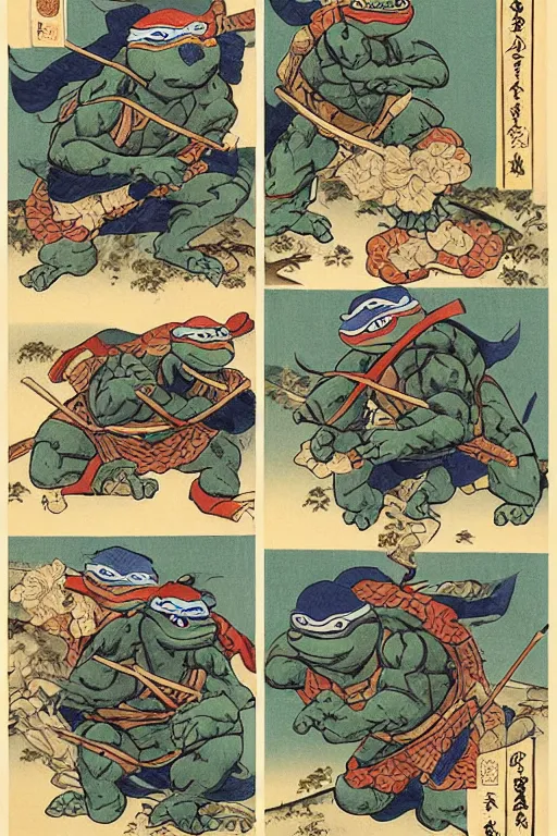 Image similar to Four Teenage Mutant Ninja Turtles, Japanese ukiyo-e ukiyo-ye woodblock print, by Moronobu